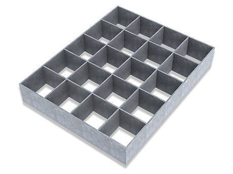 A galvanised press-locked steel grating with larger square mesh.