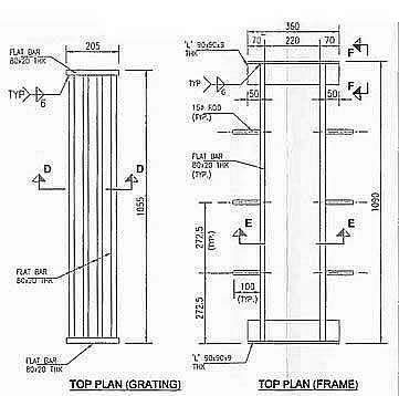 Top plain drawing of storm water grating and frames for trench.