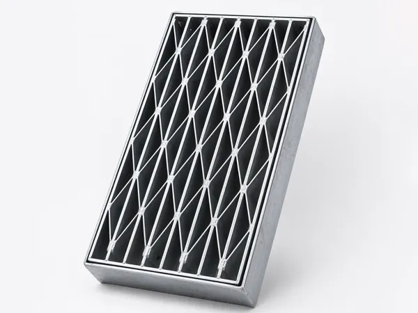 Diamond pattern galvanized steel grating panel.