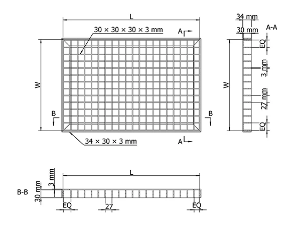 A drawing of painted steel grating with dimensions and detailed annotations