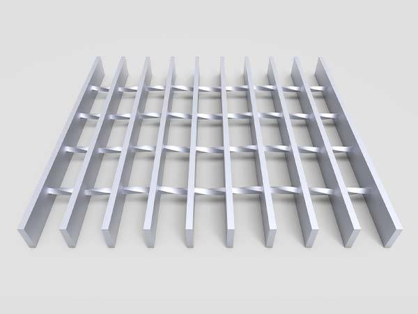 Une barre de roulement rectangulaire en grille d'aluminium avec une surface unie est affichée.