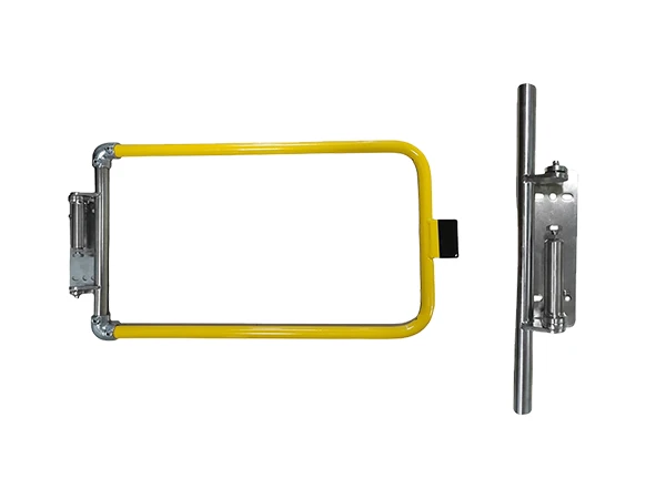 self-closing safety gate with stainless steel hinge and door frame coated in yellow powder