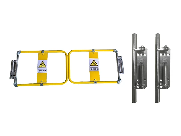 A self-closing safety gate with two stainless steel hinges and a door frame coated in yellow powder, double door.