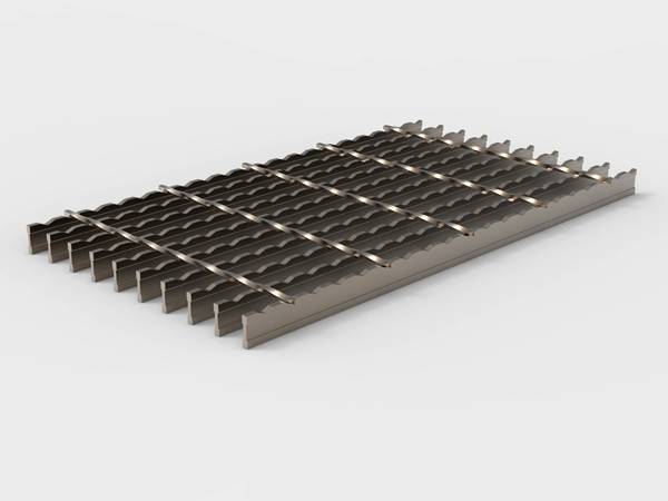 A piece of I bar steel grating with serrated surface on white background.