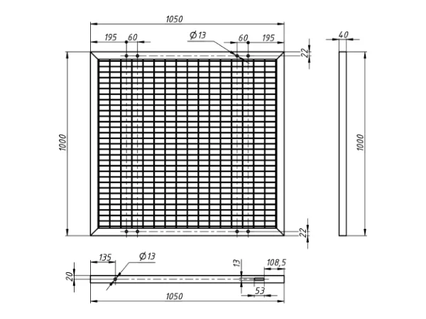 A drawing of steel grating with dimensions and detailed annotations