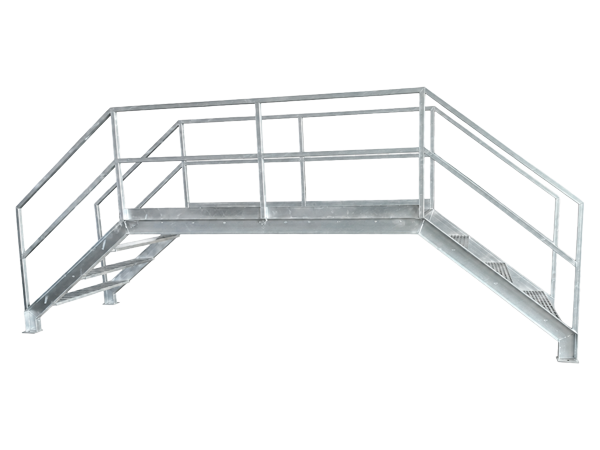 Steel grating pedestrian bridge with stairs and handrails.