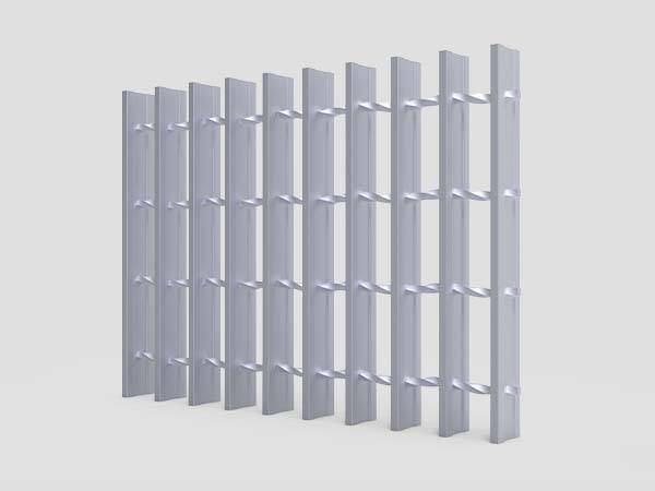The picture shows vertical view of the swaged I bar aluminum grating.